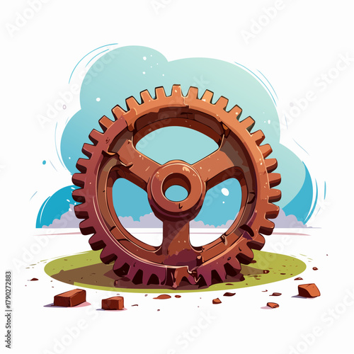 A rusted, broken cogwheel lies discarded on a factory floor, unable to turn or function.