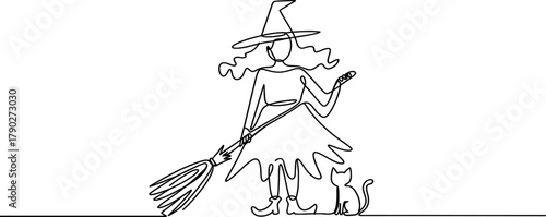 Minimalist one continuous line art drawing of a witch in a pointy hat holding a broom with her cat, representing halloween magic and fantasy Vector