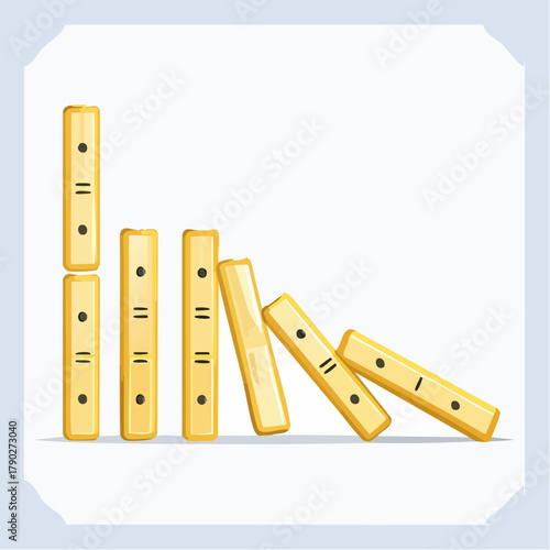 A single domino fallen flat, triggering a chain reaction of toppled pieces along the row.