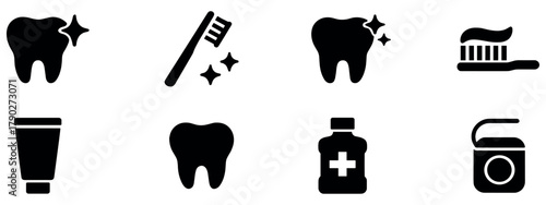 Dental hygiene icons: teeth, toothbrush, toothpaste, and floss. Tooth care and oral hygiene glyphs. Vector illustration of dentistry concepts like a clean smile, floss, toothbrush, protection.