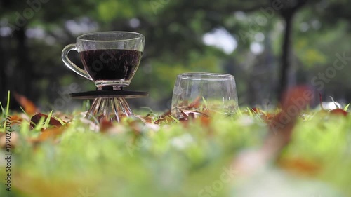 Drip coffee on the autumn morning grass