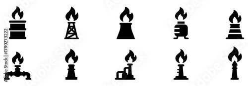 Industrial flame icons. Solid, filled icon set of industrial flames: furnace flame, refinery burner, welding flame, kiln fire, gas torch, boiler flame, metal. Vector icon.