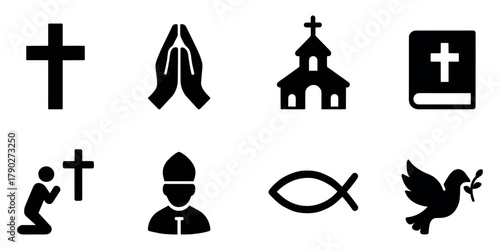 Faith icon set. Vector icon set of faith: cross, praying hands, dove, bible, candle, church, rosary, angel. Vector icon.	
