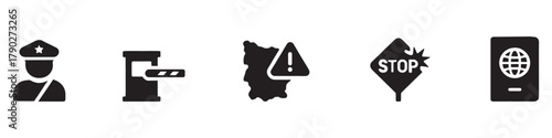 Border Incident Icons. Vector icon set of border incidents and alerts: warning sign, fence, police car, passport, fire, stop sign, military. 