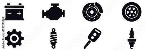 Solid style icons of vehicle parts and mechanics: steering wheel, engine icon, tire, brake pedal, car battery, oil icon, gearshift, exhaust pipe. Vector icon