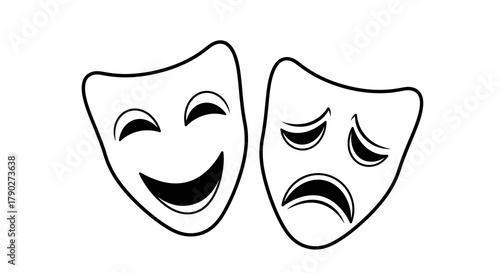 Two stylized dramatic masks representing happiness and sadness convey emotional contrast