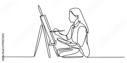One continuous line art drawing of a female artist actively painting on an easel with a brush and palette, a minimalist creative hobby. Vector