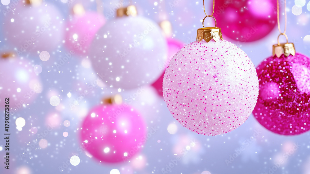 Fototapeta premium A glowing pink Christmas ornament surrounded by soft, twinkling bokeh lights, hanging above — perfect for warm New Year’s wishes and festive messages.