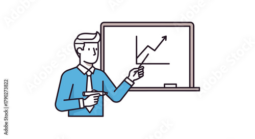 Animated businessman showcasing positive sales growth analysis on whiteboard presentation showing