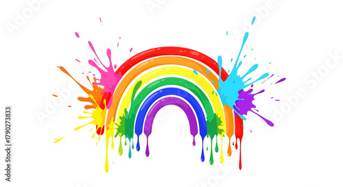 Vibrant rainbow arch with colorful paint splashes illustrating joy and positivity