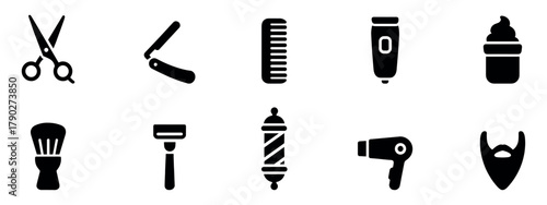 Barbershop Icon Set. Barber shop tools icons: scissors, razor, comb, cape, clippers, hairdryer, chair.