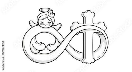 Whimsical angel and cross embrace infinity a symbol of endless love and faith