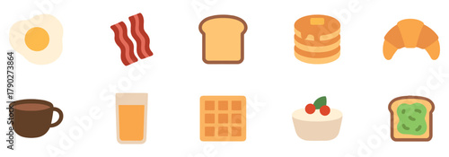 Breakfast food icon set.  Style culinary and morning meal symbols for kitchen and dining: pancakes, syrup, bacon, egg, toast, mug, other. Vector Illustration.