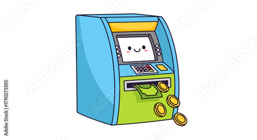 Whimsical atm illustration featuring cheerful expression with dispensed cash and gold coins near