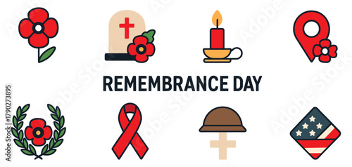 Remembrance day flat icon set. memorial, peace, tribute symbols collection Vector Illustration.