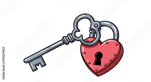 Whimsical illustration of an ornate key unlocking a heart-shaped padlock representing affection