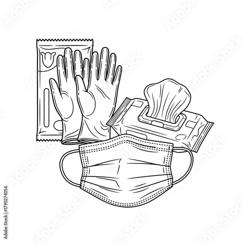 outline drawing of personal protective equipment mask gloves and wet wipes for hygiene and illness prevention infographics, medical safety presentations, and health warning blogs