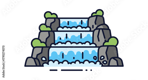 Cartoonish cascade with rocks and shrubs presenting a natural scenery in simple style