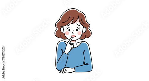 Worried woman pondering her thoughts isolated on white backdrop illustration