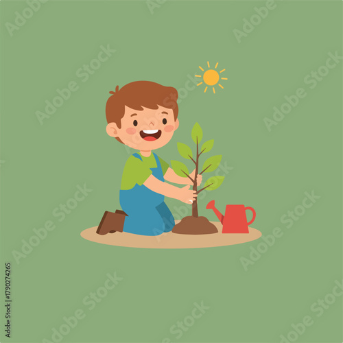 A cartoon illustration shows a happy young boy kneeling, planting a small tree, with a watering can nearby and the sun shining above on a green background.