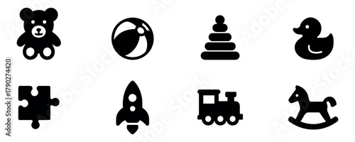 Baby toys solid icon set. adorable, childhood, playtime, toy graphics collection. Vector Illustration.