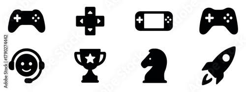 Gaming and entertainment solid icons set. Silhouette, pixel art, video game symbols. Vector Illustration. 