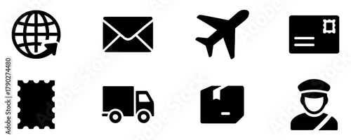 Delivery and logistics icon set. Cargo transportation and shipping service symbols. Vector pack for freight industry, e-commerce, and courier business illustration. Vector Illustration.