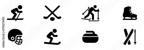 Winter sport icon. Skiing, hockey, skijoring, speed skating, and curling. Vector Illustration.