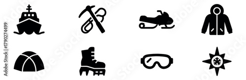 Arctic adventure silhouette icon set. polar expedition and exploration icons collection. Vector Illustration.
