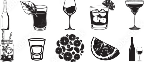 Collection of drink and fruit silhouette vector icons including cocktail glass, wine glass, and citrus slice design