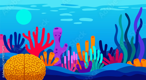 Conceptual illustration of a glowing brain resting on the vibrant seabed amidst a colorful coral reef, symbolizing deep ocean thought and the mysteries of marine consciousness