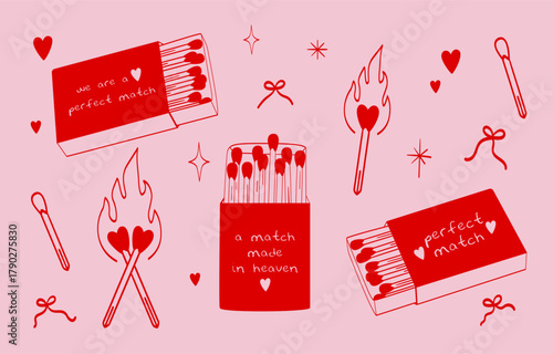 Valentines day perfect match. Match stick box. Hand drawn doodle matchstick. Red and pink