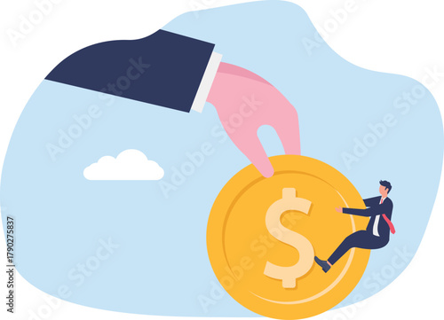 concept of A businessman investor tightly grips a big handful of money coins
