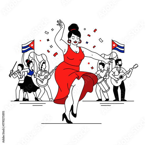 woman dancing salsa in red dress with cuban musicians for latin american culture blogs, travel agency promotion, music event flyers, and carnival celebration banners