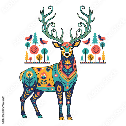 stylized folk art reindeer illustration for christmas and winter holiday greeting cards, apparel design, nature themed presentations, and scandinavian patterned blogs