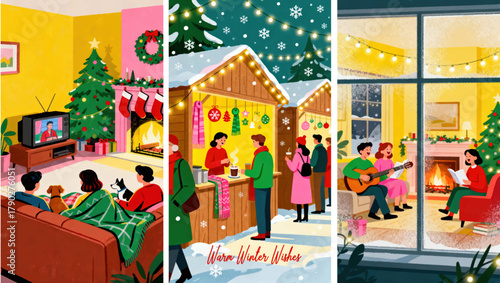 People singing Christmas songs by the fireplace, Christmas market with stalls, lights, snow, and shoppers,  Family and pets watching Christmas movie under blankets beside glowing tree Greeting Card 