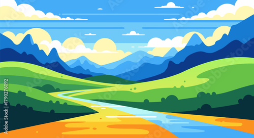 Vibrant Scenic Landscape Illustration of Rolling Green Hills and a Winding River Under a Bright Blue Sky with Sunlit Clouds