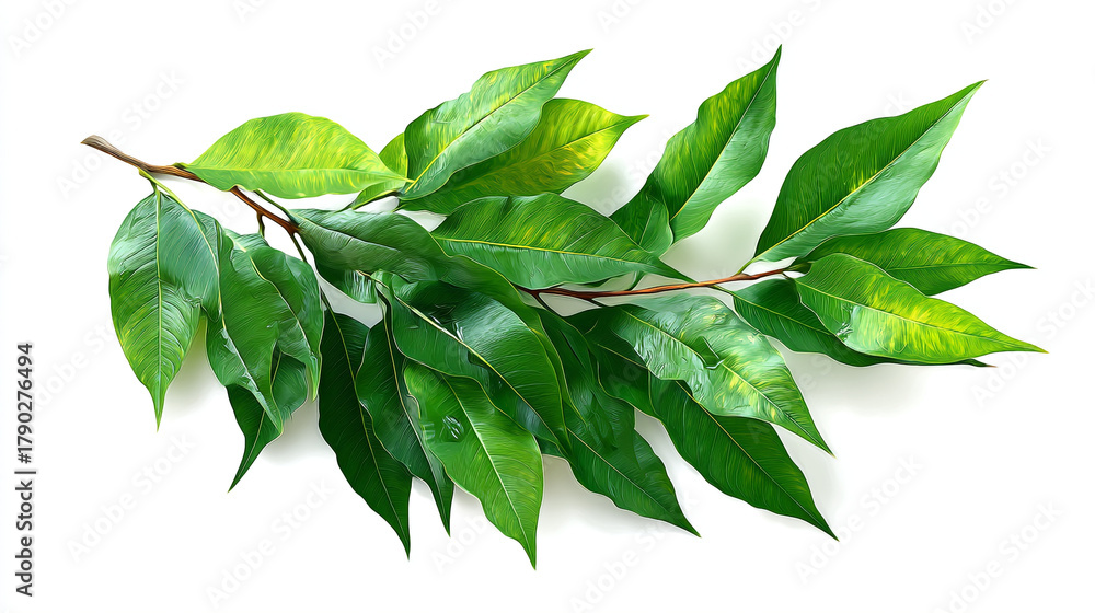 Fototapeta premium A branch with many green leaves attached to it laying on a white background view