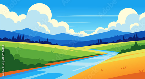 Green Valley Landscape with River Tranquil Nature Illustration
