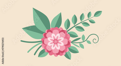 Elegant Pink Floral Arrangement with Green Leaves and Twigs on a Soft Cream Background