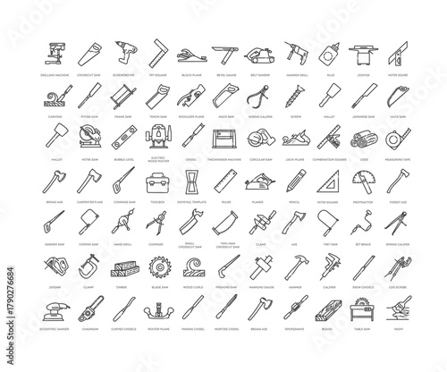 Timber and carpentry tools. Wood crafting collection