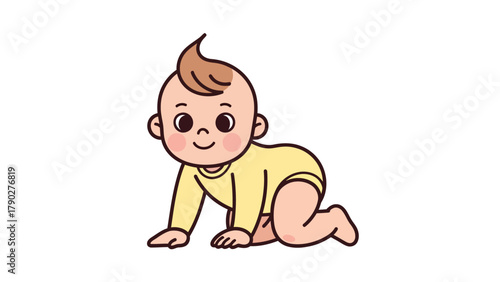 A baby crawling on all fours in a yellow onesie
