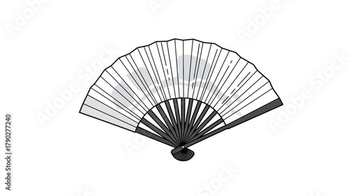 A black and white illustration of an open fan with a white background