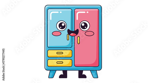 A blue and pink cartoon wardrobe with a face and arms