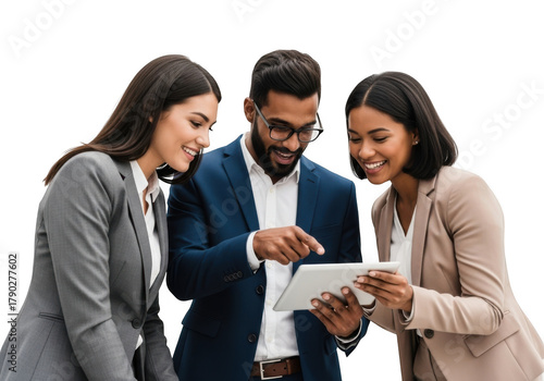 Diverse business team collaborating on tablet technology for success transparent background