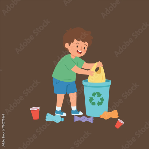 The cartoon image portrays a young boy enthusiastically putting a yellow bag into a blue recycling bin surrounded by scattered trash.