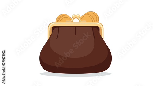 A brown coin purse with a gold clasp and coins