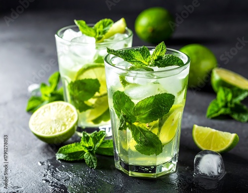 Wallpaper Mural Two refreshing drinks with ice, lime slices, and mint sprigs in clear glasses, set on a dark surface with scattered limes Torontodigital.ca
