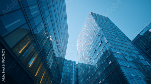Low angle view of modern blue glass buildings against a clear blue sky above them