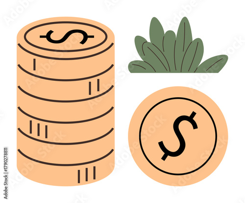 Coins stacked beside green leaves, representing saving, wealth, sustainability, eco-finance, passive income, economic progress, and investment. Ideal for finance and environment themes simple flat